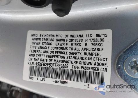 2015 Honda Civic Lx из США, поврежденный, VIN 19XFB2F53FE269869